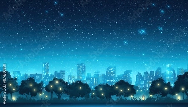 Fototapeta Starry night cityscape urban skyline digital art tranquil environment wide view nighttime serenity