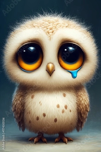 Fototapeta An illustration of an owl with large, sad eyes and a tear rolling down its cheek. The emotional and expressive depiction captures the owl's tender and sorrowful nature.