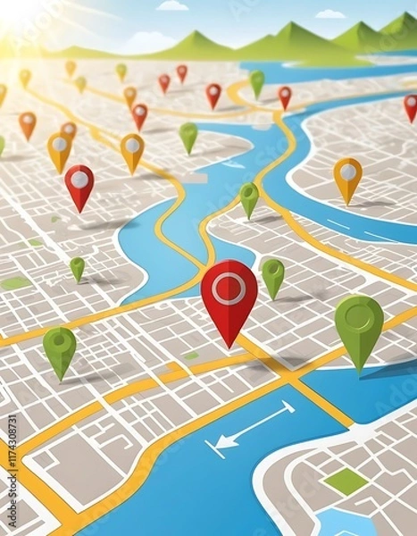 Fototapeta Colorful Location Markers on a City Map Illustration