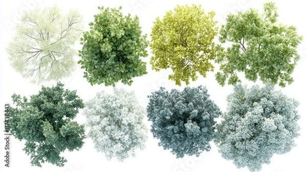 Obraz Eight diverse treetop views ideal for architectural renderings or landscape design. Varying colors and textures offer realistic nature integration into projects.