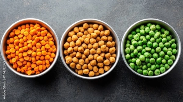 Fototapeta A balanced mix of protein, grains, and veggies in separate bowls, ready to be combined for cat food