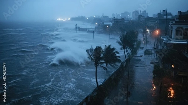 Obraz An intense typhoon making landfall, with rain and wind battering the shoreline, waves crashing over seawalls, and streets flooding as the storm moves inland