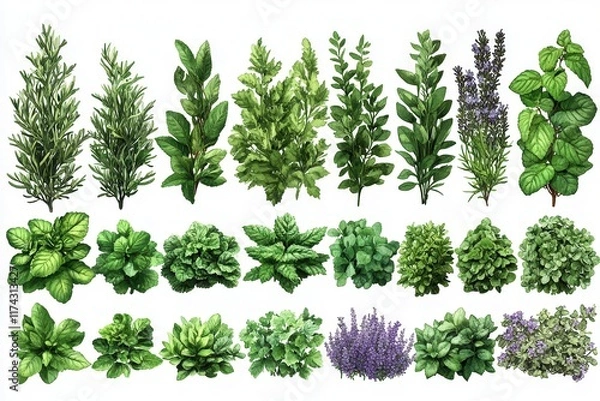 Fototapeta Various herbs and leafy plants arranged in an artistic display.