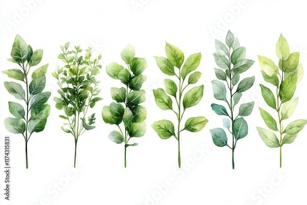Fototapeta A collection of watercolor illustrations of various green leaves arranged in a row.