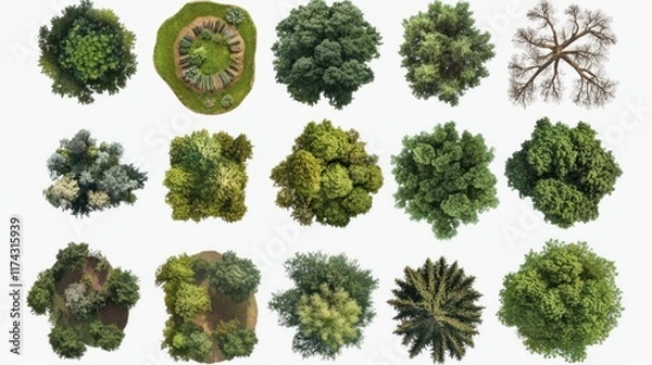 Obraz Top-down view of various trees and a garden plot. Ideal for architectural renderings, landscape design, or game development.