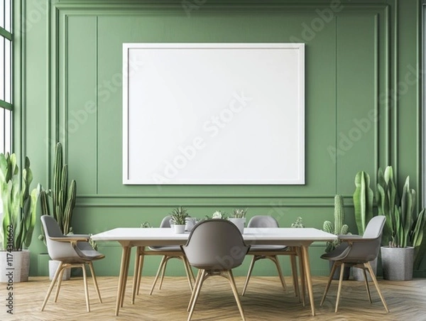Fototapeta Green wall dining room with large blank frame, table, and chairs.