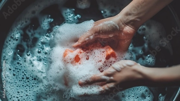 Fototapeta A person cleaning a stubborn stain on a pot with a scrubbing pad