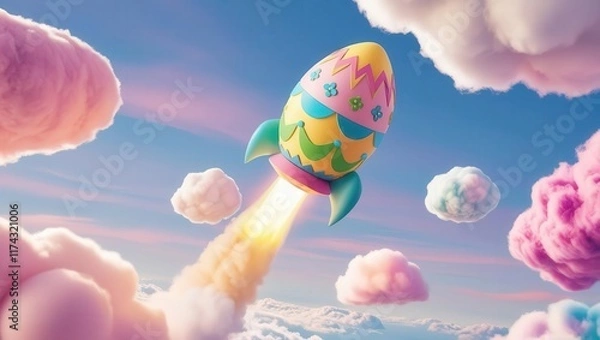 Fototapeta Easter egg rocket launching into colorful sky imaginative design playful environment easter celebration cartoon style