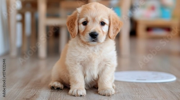 Obraz Adorable golden retriever puppy sitting indoors on wooden floor