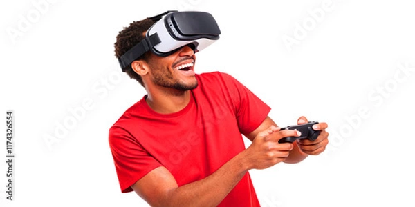 Obraz Young smiling man wearing tshirt and virtual reality headset or VR glasses, playing video game, isolated on white background