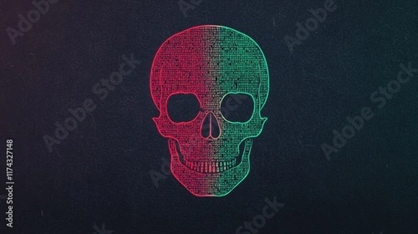 Fototapeta Vibrant Abstract Skull Design with Digital Elements in Red and Green Colors