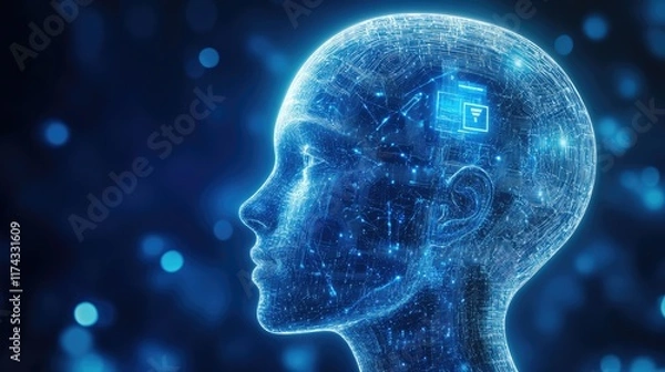 Fototapeta A futuristic glowing filter representing AI ethics, with digital data streams flowing through an ethical framework, space for copy.