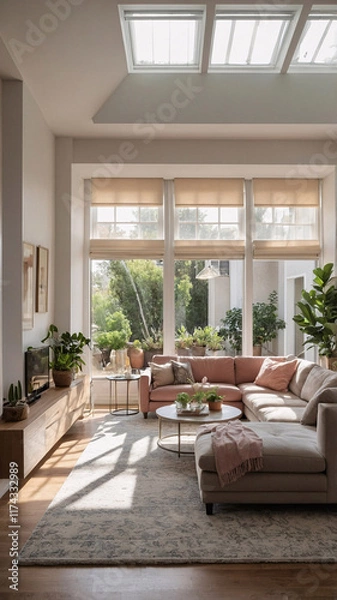 Fototapeta Stylish living room with a baby pink sofa wide windows letting in natural sunlight and a pastel pink theme for a spacious airy design