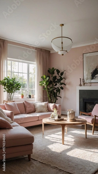 Fototapeta Bright living room with wide windows a baby pink sofa and soft pastel pink design elements filling the spacious room with sunlight