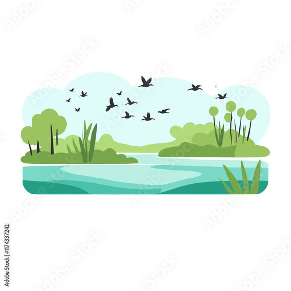 Fototapeta Vector wetlands swamps with reeds, mangroves, and birds in flight, Swamp landscape. View of the river bank