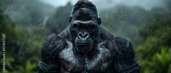 Fototapeta Powerful Jungle Gorilla Stares Intently in Rainy Landscape with Dense Green Foliage in Background
