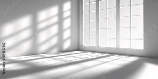 Fototapeta Sunlight streams through a large window, casting dramatic shadows across a minimalist white room.