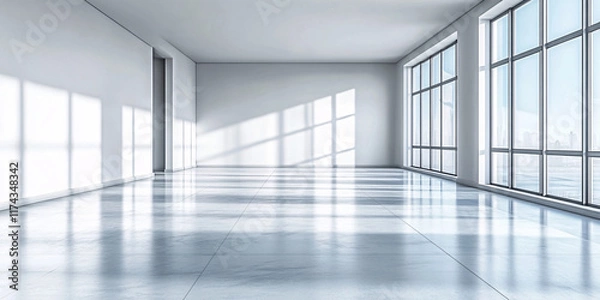 Fototapeta A bright, minimalist empty room with large windows offering a city view.