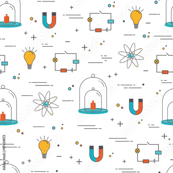 Obraz Vector seamless pattern with icons - physics. Science and educational background. Cartoon style fabric pattern
