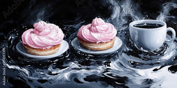Fototapeta Two delightful pink pastries float on a dark liquid, accompanied by a steaming cup of coffee
