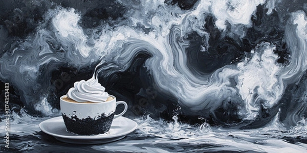 Fototapeta A coffee cup with whipped cream sits on a saucer against an abstract background resembling a stormy sea.