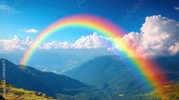 Fototapeta A vibrant rainbow arches over lush mountains and a serene valley under a bright sky.