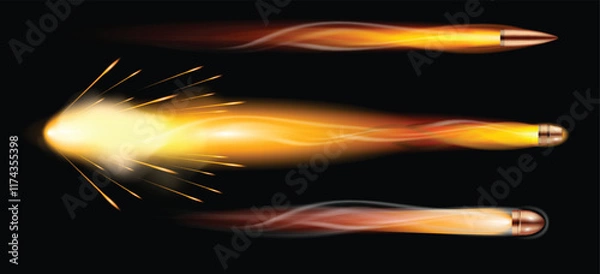 Fototapeta Set illustration of bullets in motion, showcasing the intense speed and energy as they travel through space. The image features a close-up view of glowing projectiles with trails of fiery light and
