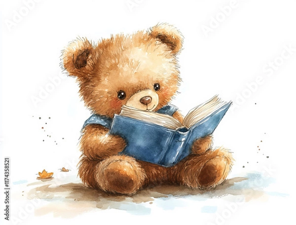 Fototapeta A charming watercolor illustration of a teddy bear reading a book. Soft tones of blue and brown highlight the warmth and innocence of this delightful design.