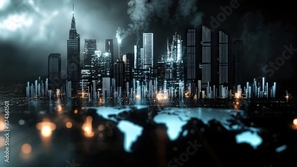Fototapeta Pollution and Environmental Impact concept. Futuristic city skyline at night with illuminated buildings.