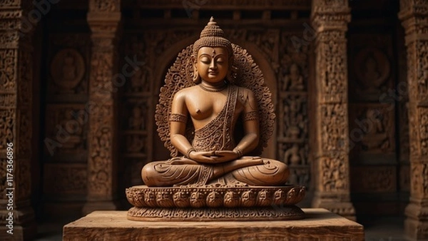 Fototapeta A serene wooden statue of Mahavira, seated in meditation pose, with intricate carvings of Jain temples and symbols on the base.
