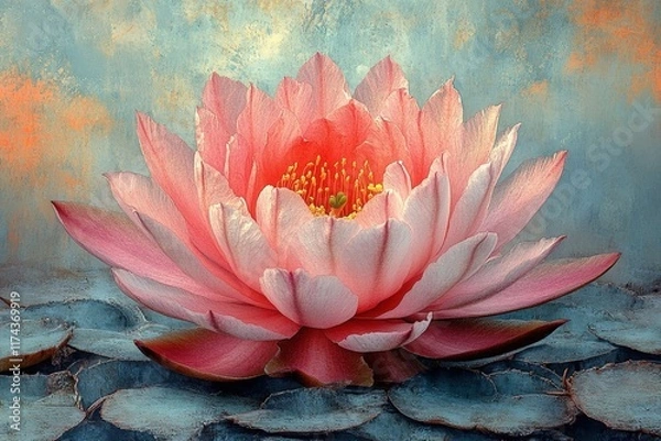 Obraz Pink water lily blossom on teal lily pads, artistic background.