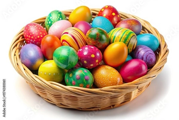 Fototapeta Colorful Easter Eggs in Basket, High-Resolution Image, Spring Holiday Decoration, White Background, Depth of Field Photography