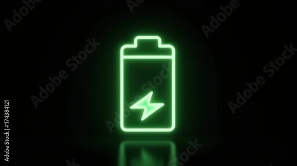 Fototapeta Green Neon Battery Icon on a Dark Background Pulsing with Energy