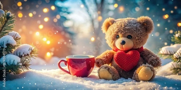 Obraz Winter Teddy Bear Holding Heart Cup - AI Photography