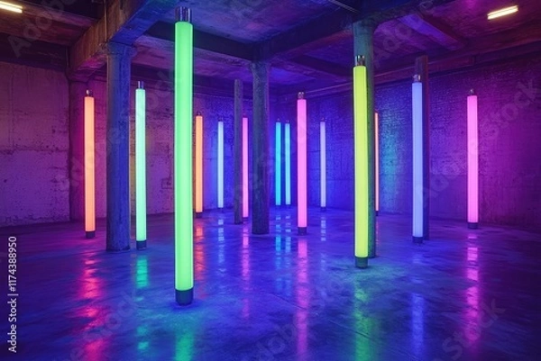Fototapeta Vibrant neon light installation in an industrial space