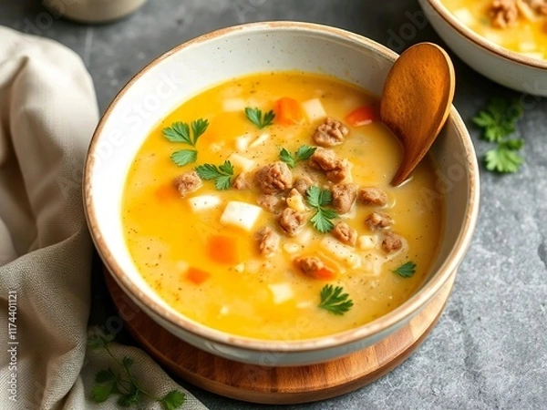 Fototapeta Avgolemono (Greek: αυγολέμονο or αβγολέμονο)[1] or egg–lemon is a family of sauces and soups made from egg yolks and lemon juice mixed with stock, which is heated until thickened