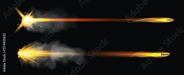 Fototapeta Set illustration of two bullets in motion, captured in different stages of their trajectory. The top bullet features a glowing, fiery trail extending from a brilliant muzzle flash, while the bottom