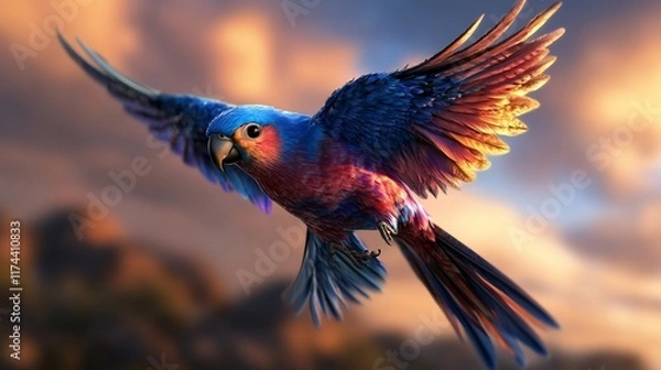 Obraz Spectacular Flight of a Vivid Blue and Red Parrot at Sunset
