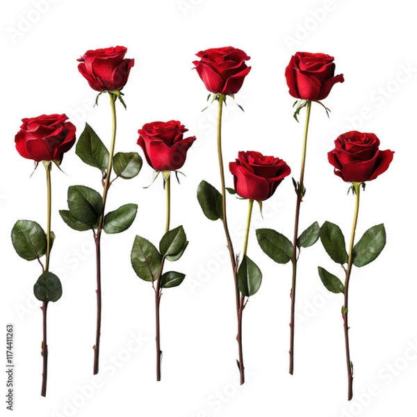 Fototapeta Seven Red Roses: A captivating bouquet of seven long-stemmed, deep red roses, elegantly arranged for a touch of timeless romance and passionate beauty.