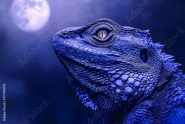 Fototapeta A close-up of a blue lizard under a moonlit sky, showcasing its intricate textures and features.