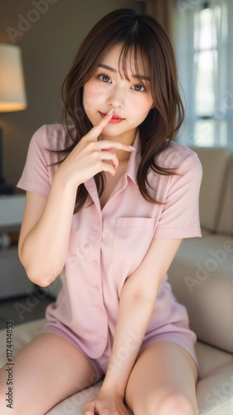 Fototapeta 淡いピンクの半袖パジャマを着た女性がソファに座り、片手で口元を隠しながら微笑む可愛らしい仕草を見せる。柔らかな自然光が差し込み、リラックスした雰囲気を演出。カジュアルで優しい印象のルームウェアスタイルが、心地よい朝のひとときを感じさせる。