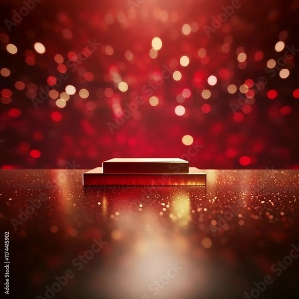Fototapeta ボケライト付赤背景に金色の重なる二つの四角い展示台がある正方形バナー