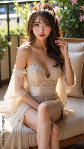 Fototapeta バルコニーの柔らかな日差しの中、アイボリーとゴールドのレースドレスをまとった女性が優雅に座る。繊細なシースルースリーブとオフショルダーがロマンティックな雰囲気を演出し、髪には小さな白い花のアクセサリーが飾られ、ナチュラルでエレガントな魅力が際立つ。
