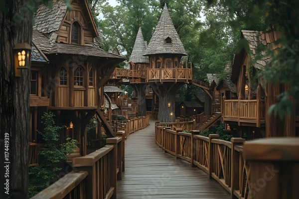 Obraz Enchanted treehouse village, fairytale setting, wooden pathway.