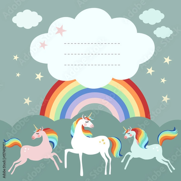 Obraz Fairy unicorn birthday party greeting card, invitation with magic unicorns and rainbow in the background, vector illustration, flat design