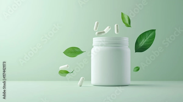 Obraz Minimalist White Vitamin Jar with Floating Leaves on Green and White Background.