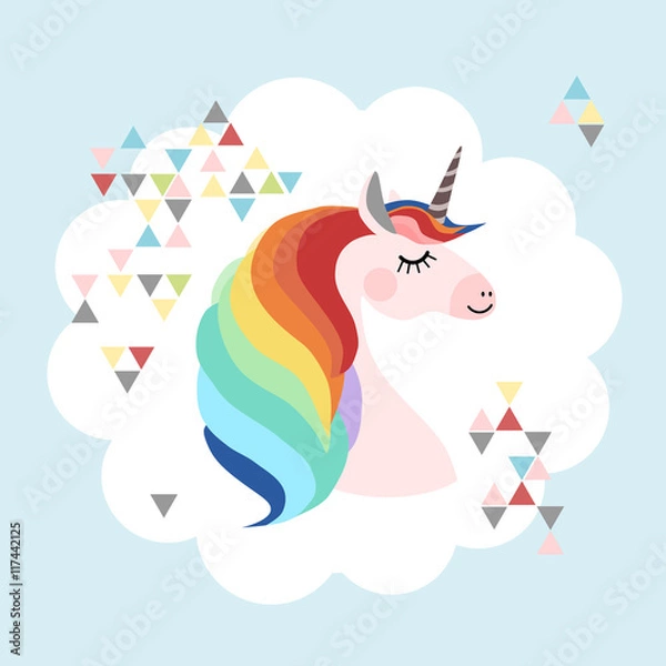 Obraz Unicorn head with rainbow mane and boho triangles in the background, vector illustration