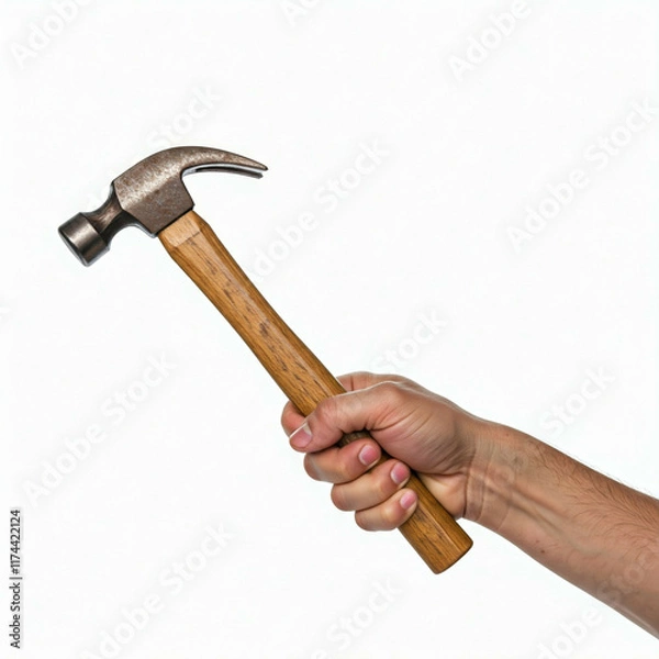 Fototapeta closeup of a hand holding a  rusty hammer with a wooden handle on a white background