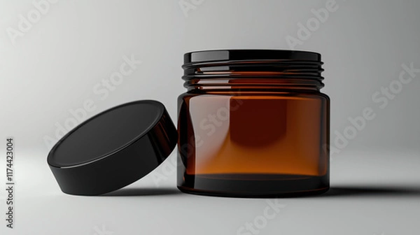 Obraz Opened Amber Glass Jar Mockup with Blank Black Sleeve and Lid on White Background