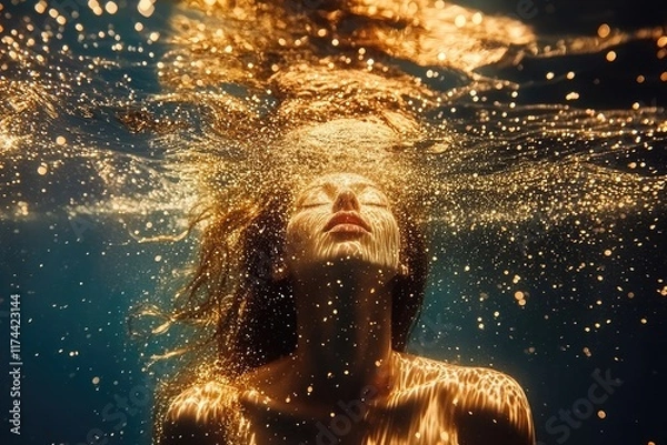 Fototapeta Elegant underwater glitter particles in shimmering gold tones, evoking a magical and luxurious aesthetic